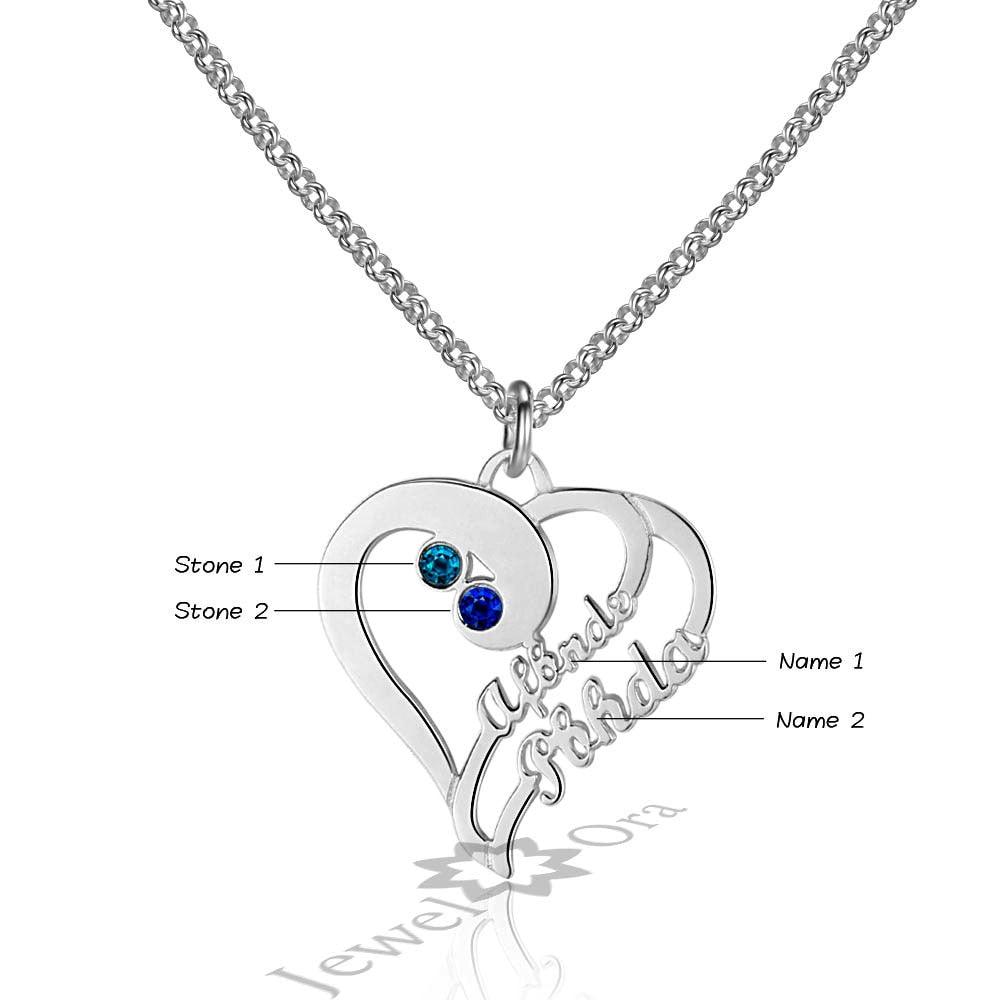 Personalized 925 Sterling Silver Double Heart Name Engraved & Custom Birthstone Pendant Necklace, Fashion Necklace for Women - Personalized Jewel