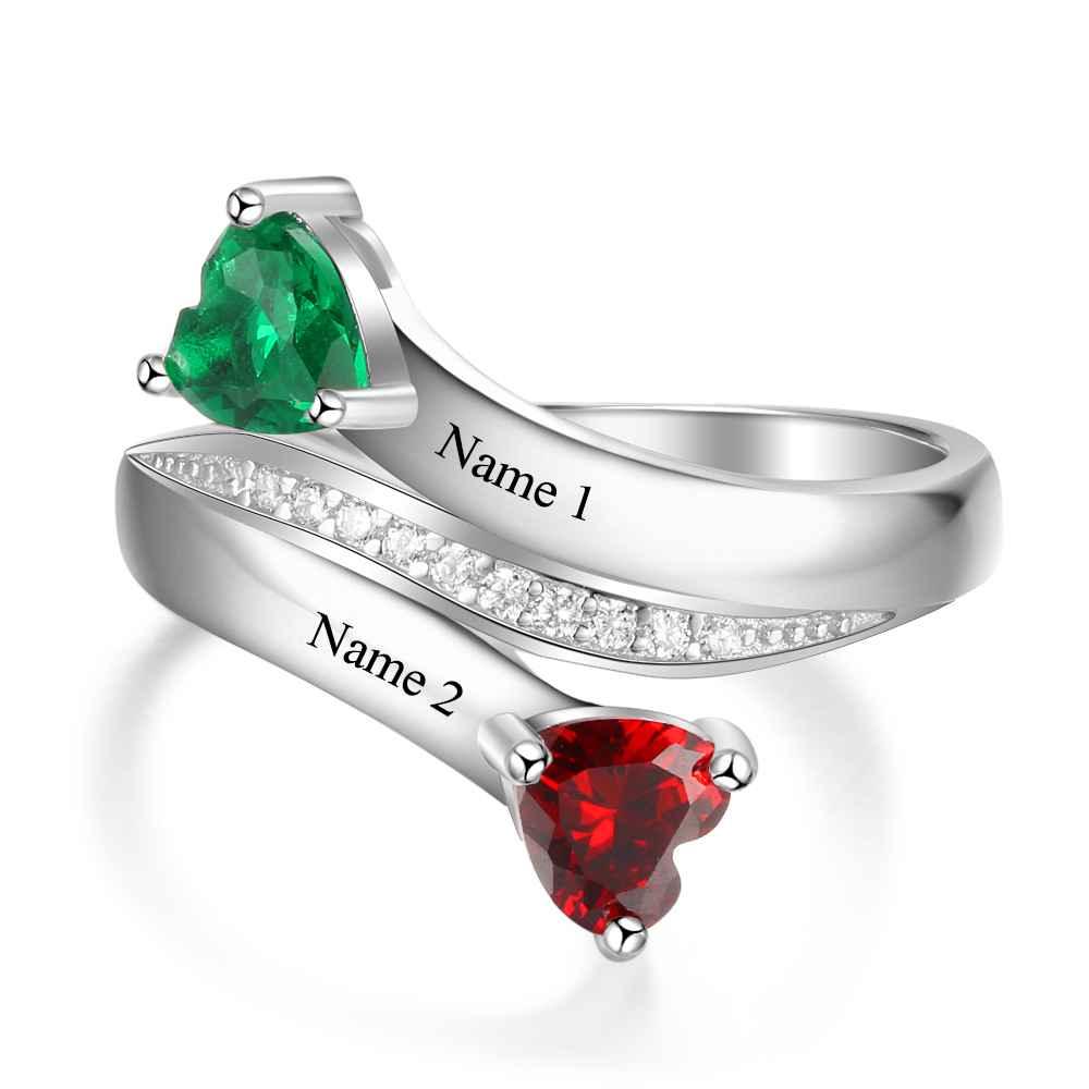 Personalized 925 Sterling Silver Engraved 2 Name Heart Birthstone Rings, Trendy Fashion Jewelry Gift - Personalized Jewel
