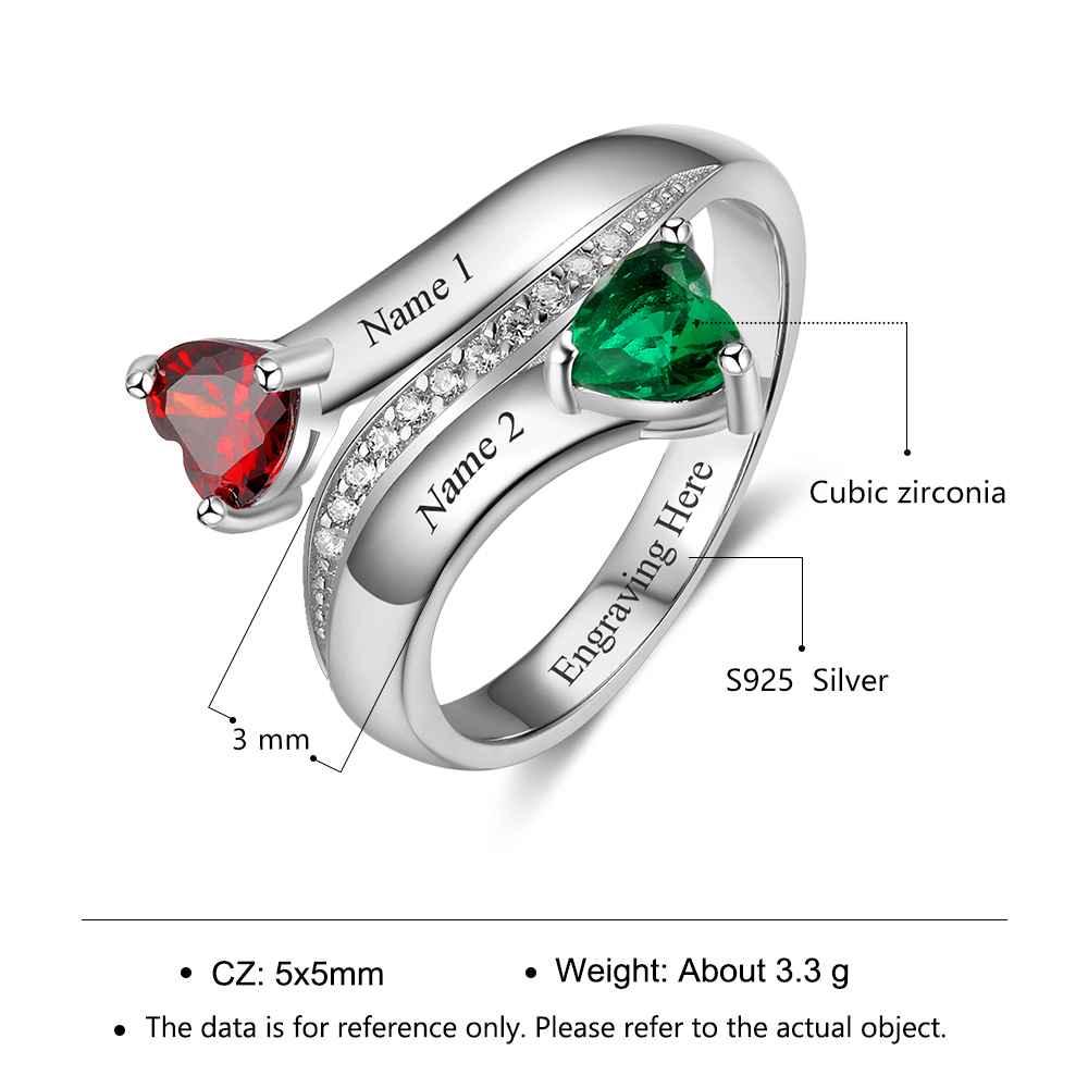 Personalized 925 Sterling Silver Engraved 2 Name Heart Birthstone Rings, Trendy Fashion Jewelry Gift - Personalized Jewel