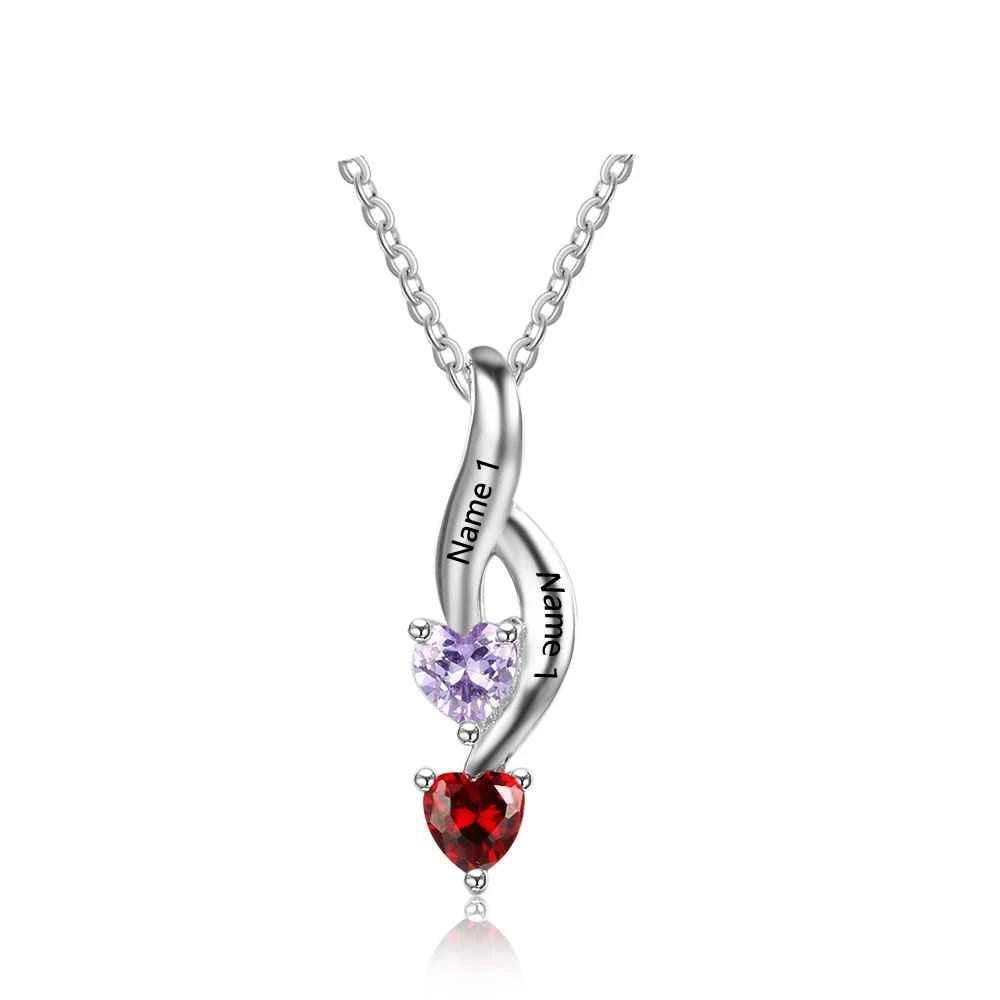 Personalized 925 Sterling Silver Fashion Necklace, Two Name & Two Heart Birthstone Engraved Pendant, Jewelry Gift for Her - Personalized Jewel