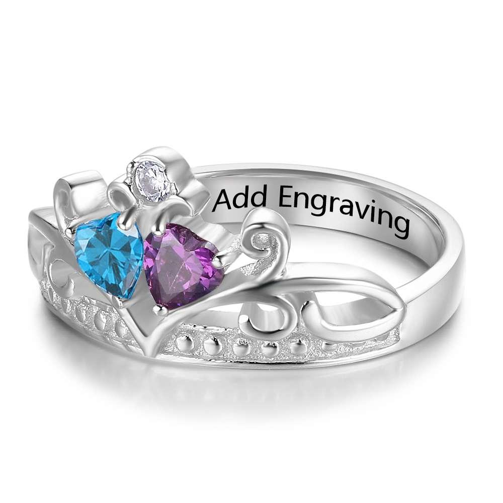 Personalized 925 Sterling Silver Heart Crown Ring For Women- Custom 2 Birthstones And Cubic Zirconia Stones Ring - Personalized Jewel