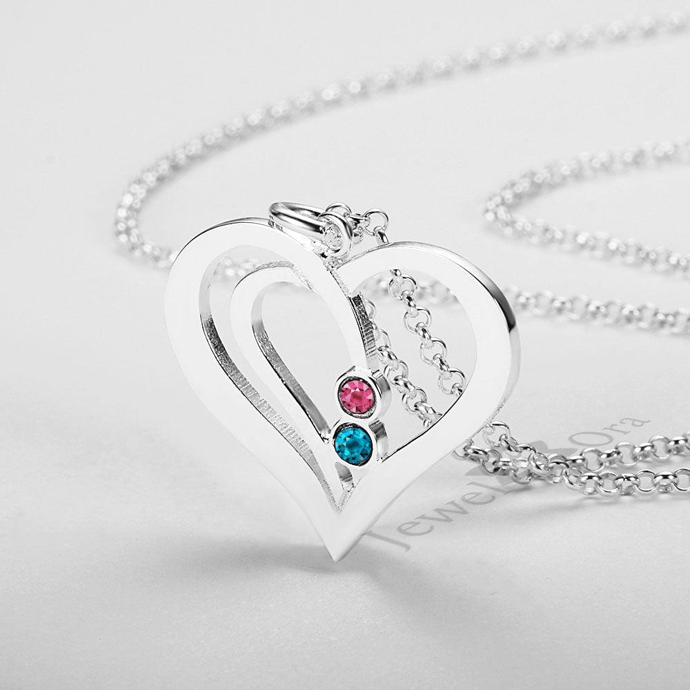 Personalized 925 Sterling Silver Heart Necklace, 2 Name & 2 Birthstone Engraved Heart Pendant, Jewelry Gift for Women - Personalized Jewel