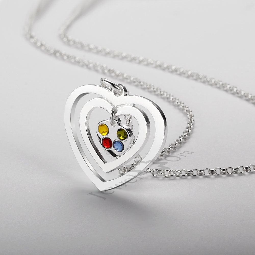 Personalized 925 Sterling Silver Hollow Heart Necklace, Four Name & Four Birthstone Engraved Heart Pendant, Jewelry Gift for Her - Personalized Jewel