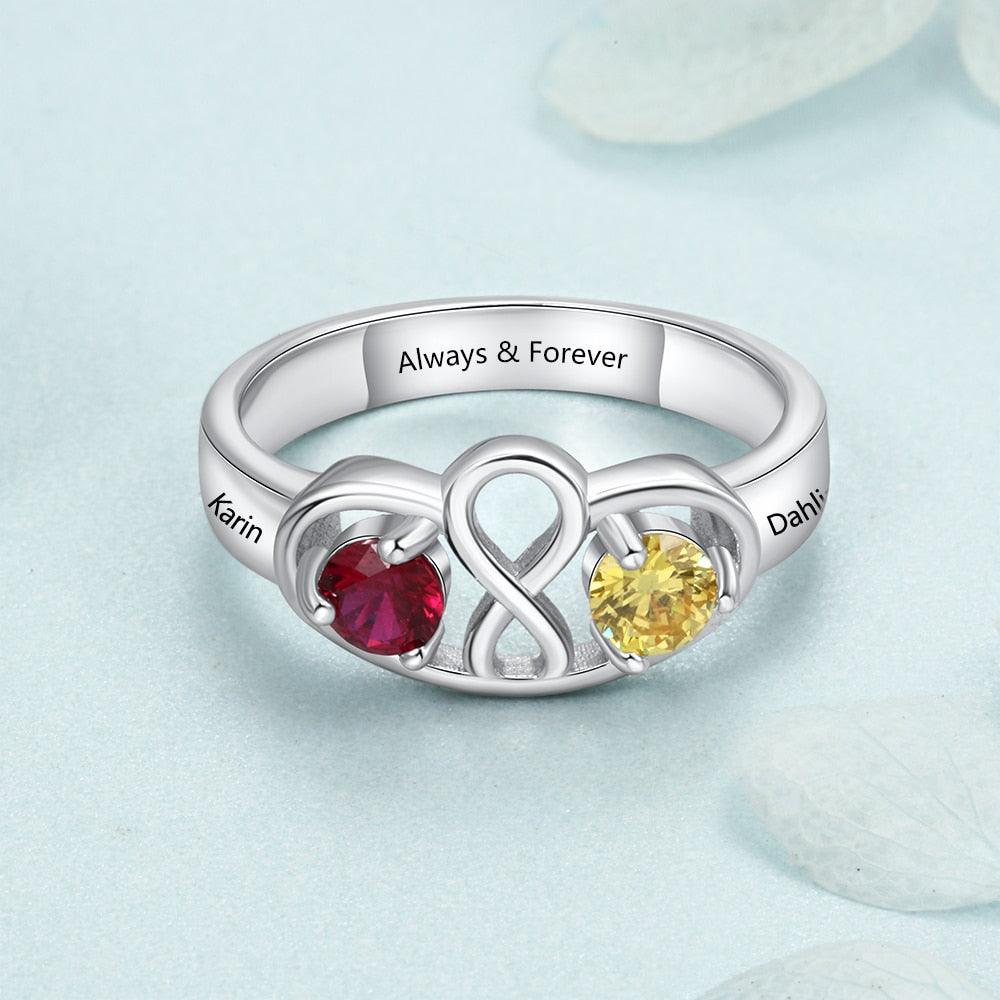 Personalized 925 Sterling Silver Infinity Ring For Women- Custom 2 Birthstone And Name Engraving Promise Ring - Personalized Jewel