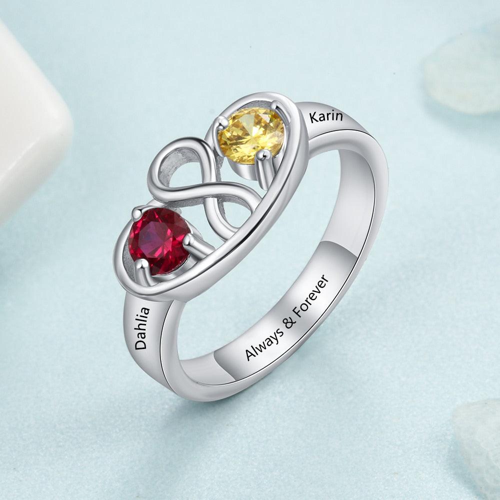 Personalized 925 Sterling Silver Infinity Ring For Women- Custom 2 Birthstone And Name Engraving Promise Ring - Personalized Jewel