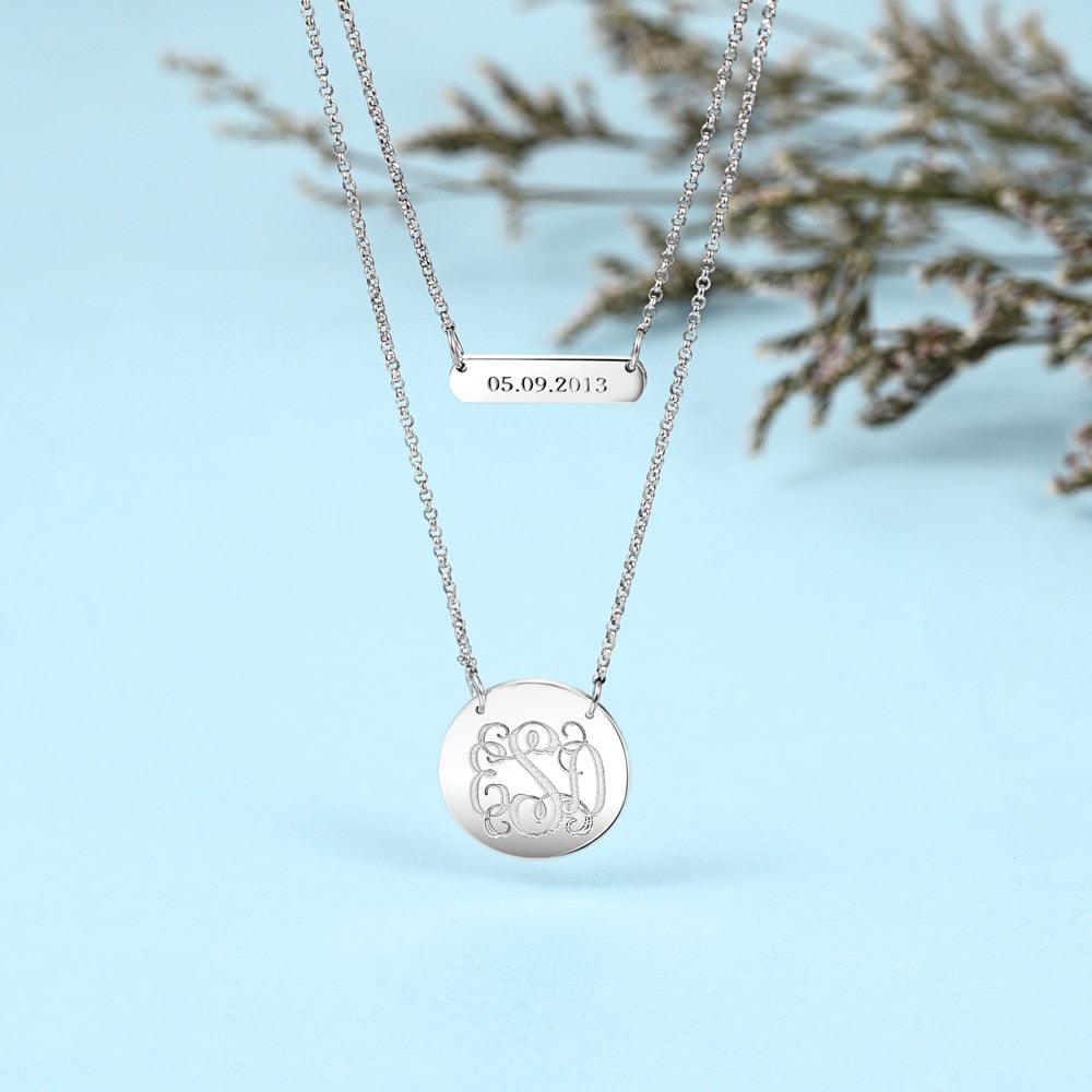 Personalized 925 Sterling Silver Monogram Custom Name & Date Double Chain Necklaces, Gift For Women - Personalized Jewel