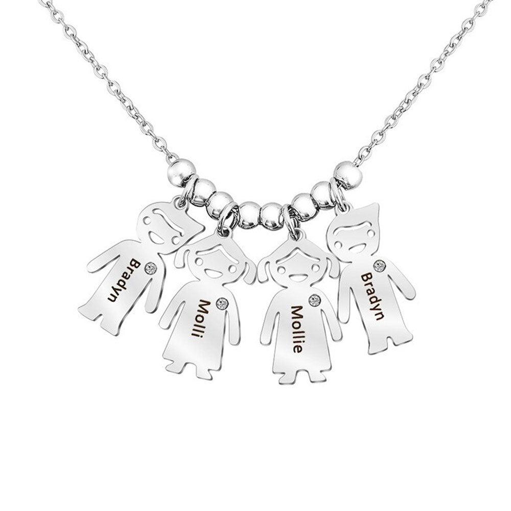 Personalized 925 Sterling Silver My Children Engraved Necklace - 4 Custom Name Engravings on the Children Designed German Silver Plate - Personalized Jewel