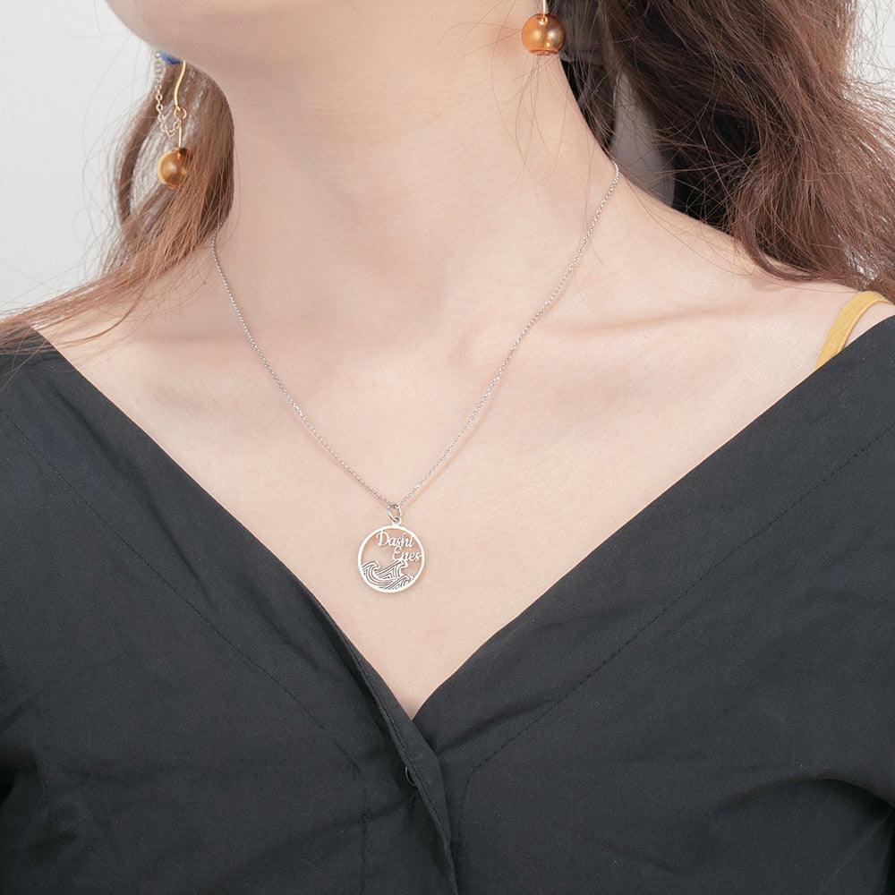 Personalized 925 Sterling Silver Necklace For Women With Wave Shape Customized 2 Names Circle Pendant, Anniversary Gift - Personalized Jewel