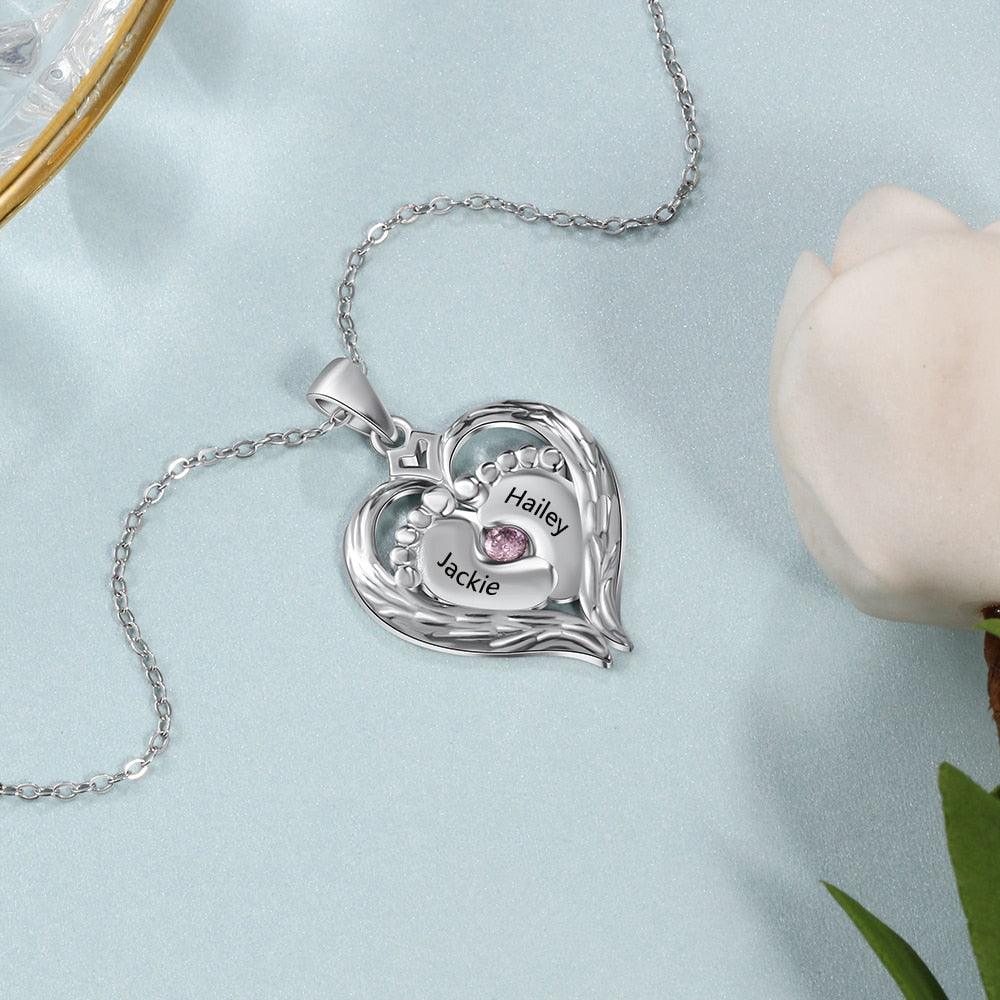 Personalized 925 Sterling Silver Necklace - Heart Shaped Baby Feet Pendant - Engrave Two Custom Names - One Birthstone - Personalized Jewel