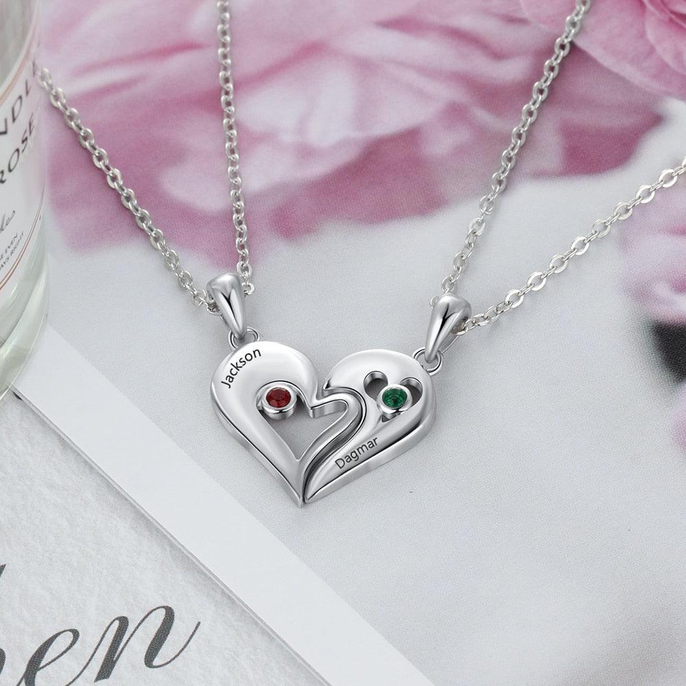 Personalized 925 Sterling Silver Necklace with 2Pcs/Set Merge Heart Shape Name & Birthstones Pendant, Trendy Lovers’ Jewelry - Personalized Jewel