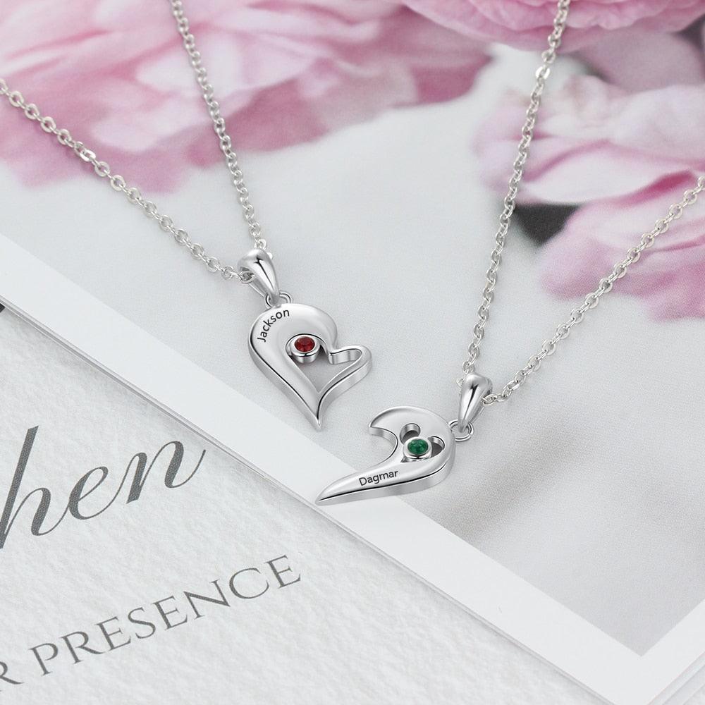 Personalized 925 Sterling Silver Necklace with 2Pcs/Set Merge Heart Shape Name & Birthstones Pendant, Trendy Lovers’ Jewelry - Personalized Jewel