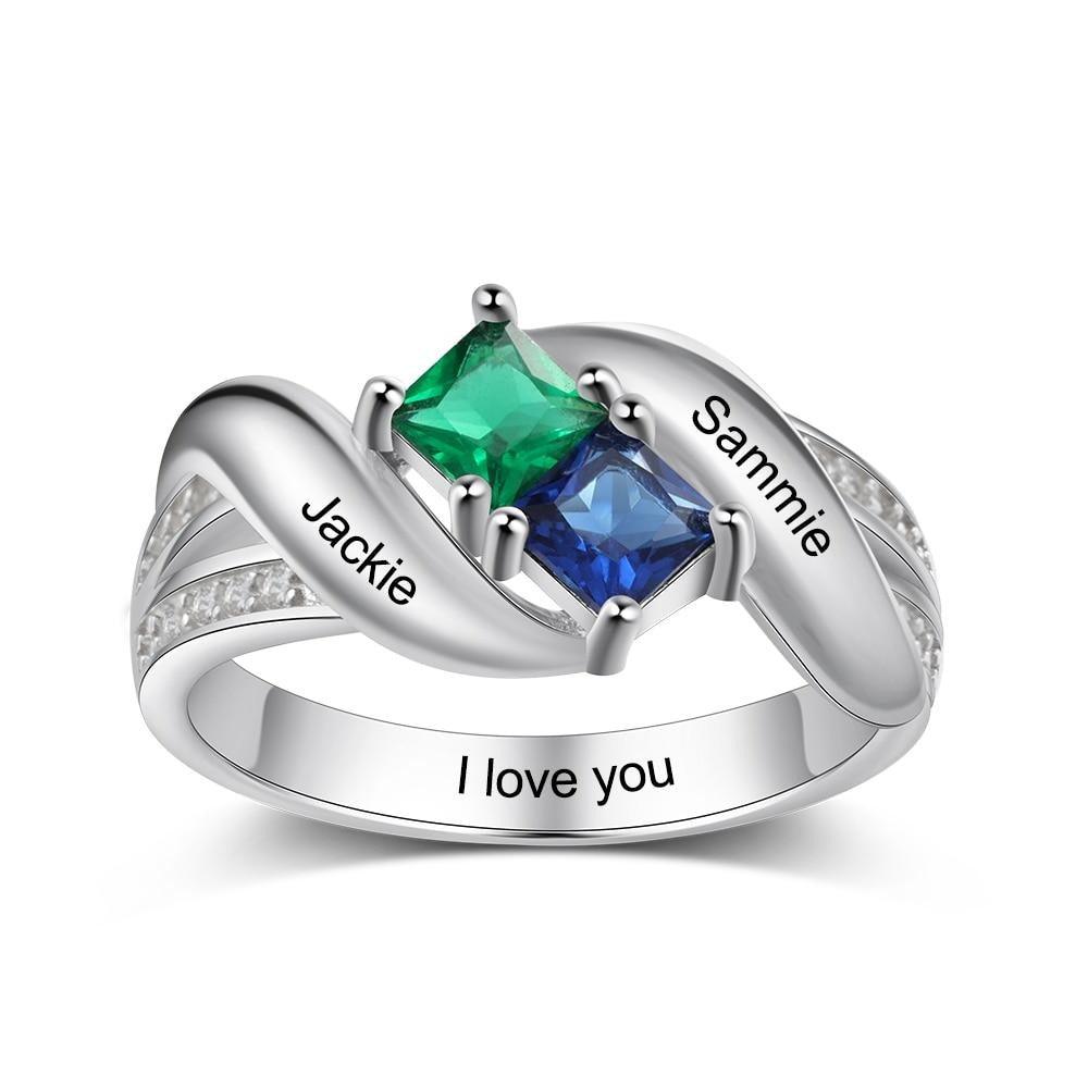 Personalized 925 Sterling Silver Promise Ring Custom Square Birthstone Band - Personalized Jewel