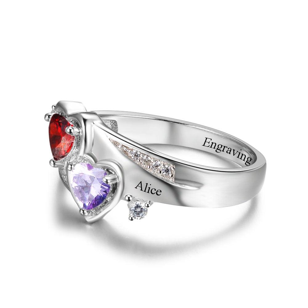 Personalized 925 Sterling Silver Ring - Custom Heart Birthstone - Engrave Custom Names - Customized Gift - Personalized Jewel