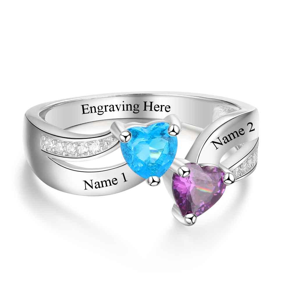 Personalized 925 Sterling Silver Ring - Custom Heart Shape Birthstone - Engraved Custom Names - Personalized Jewel