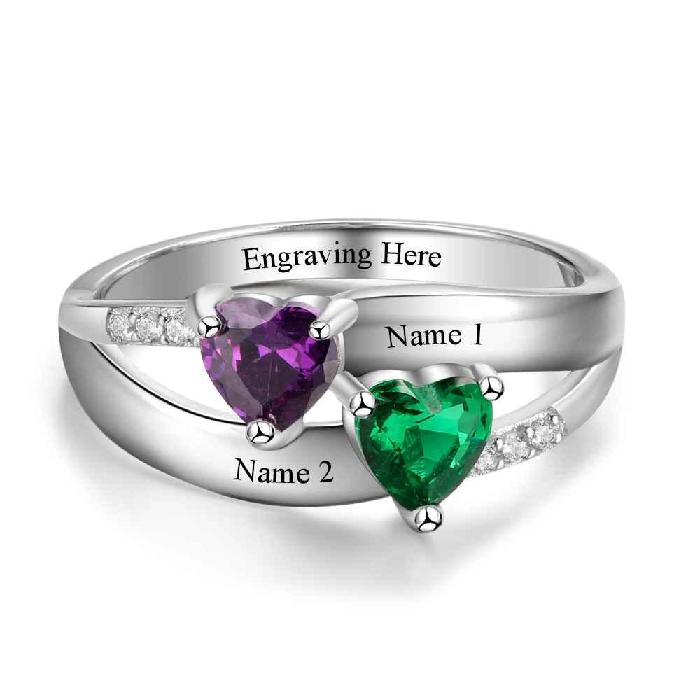 Personalized 925 Sterling Silver Ring - Double Heart Birthstone - Custom Engraved Names - Customized Gift - Personalized Jewel