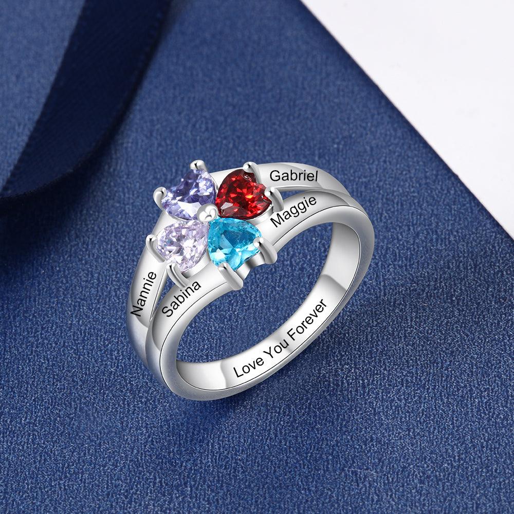 Personalized 925 Sterling Silver Ring - Four Birthstone Four Names and One Engraving For Mother's Day - Personalized Jewel