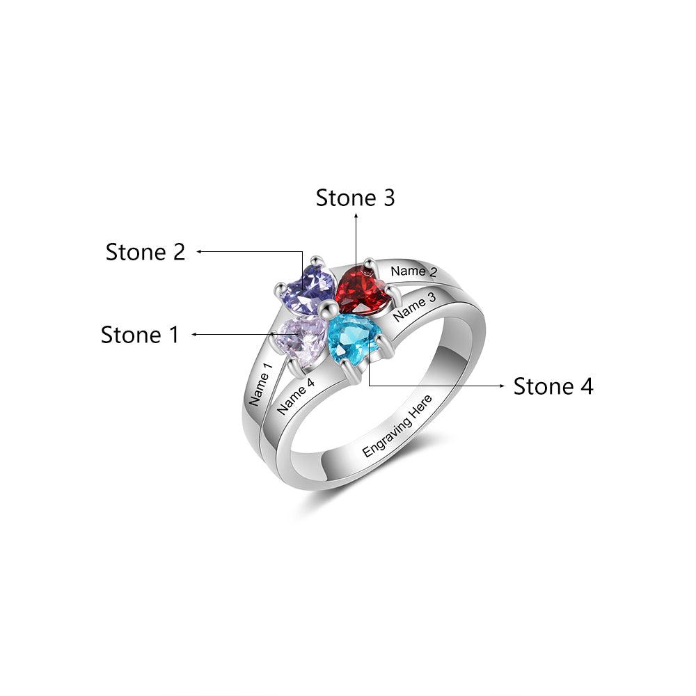 Personalized 925 Sterling Silver Ring - Four Birthstone Four Names and One Engraving For Mother's Day - Personalized Jewel