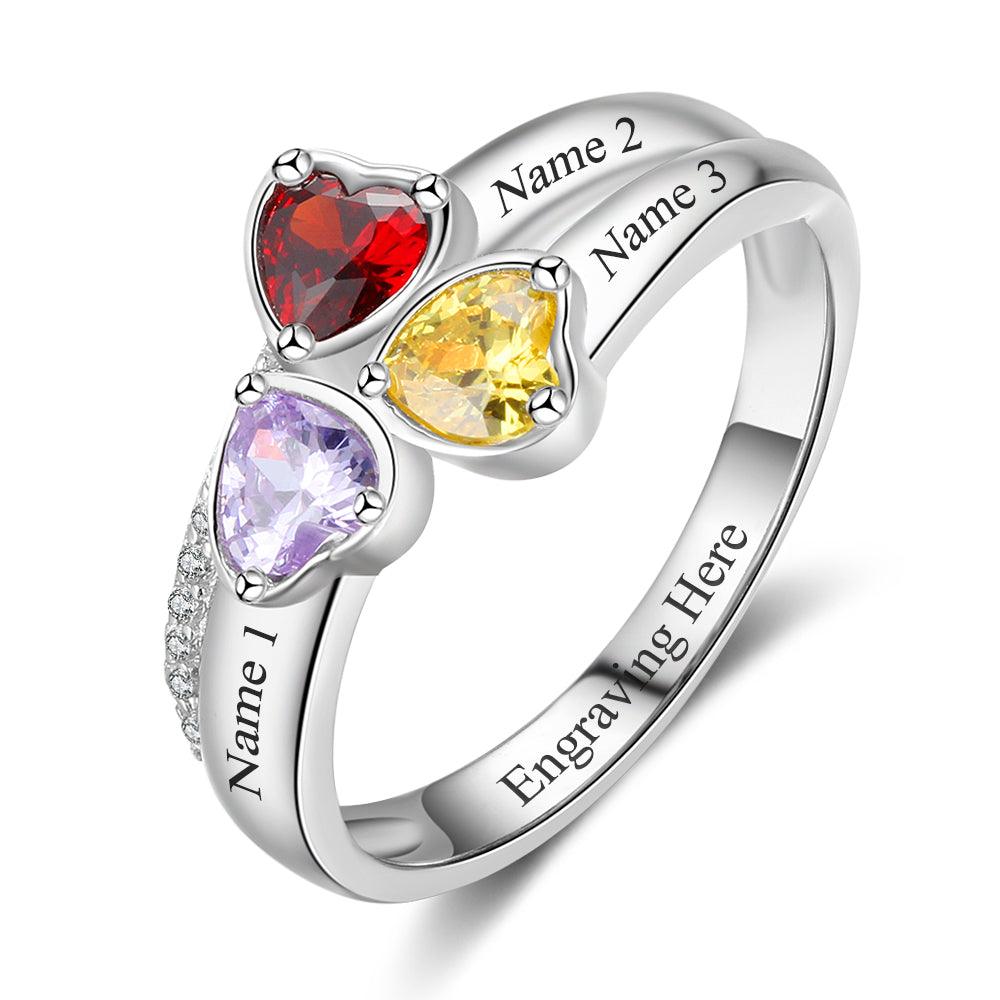 Personalized 925 Sterling Silver Ring - Three Birthstone Three Names and One Engraving For Mother's Day - Personalized Jewel