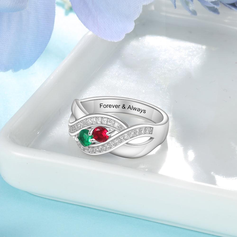 Personalized 925 Sterling Silver Ring - Two Birthstone and One Engraving For Mother's Day - Personalized Jewel