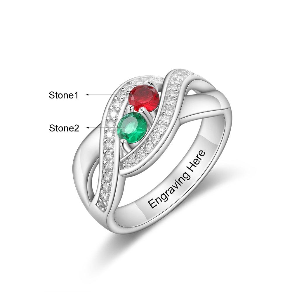 Personalized 925 Sterling Silver Ring - Two Birthstone and One Engraving For Mother's Day - Personalized Jewel