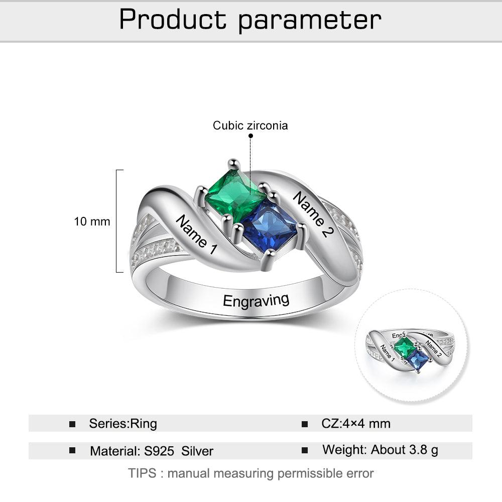 Personalized 925 Sterling Silver Ring - Two Birthstone Two Names and One Engraving For Mother's Day - Personalized Jewel