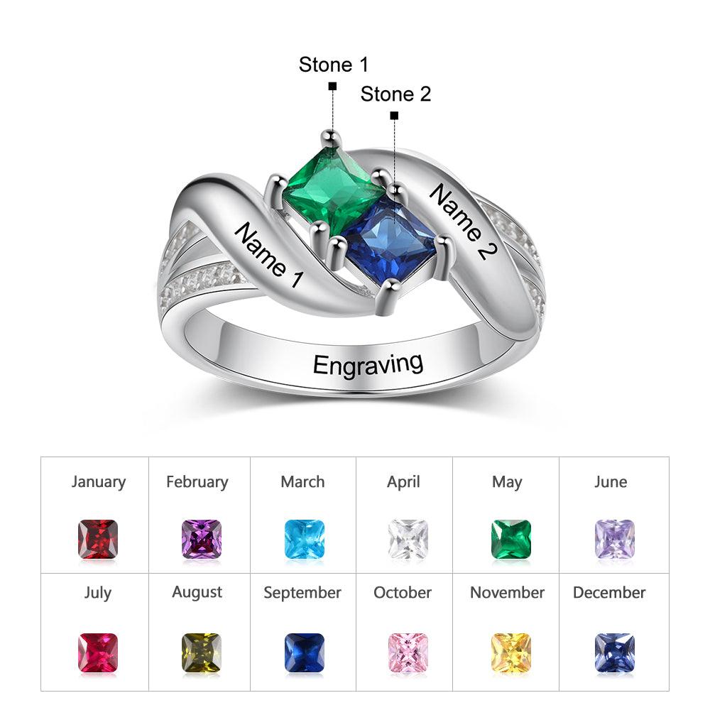 Personalized 925 Sterling Silver Ring - Two Birthstone Two Names and One Engraving For Mother's Day - Personalized Jewel