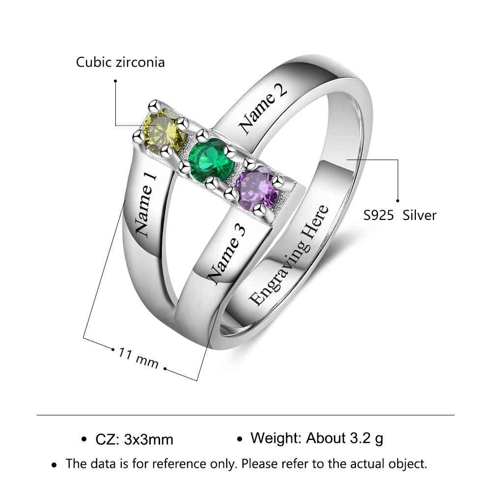 Personalized 925 Sterling Silver Ring with Birthstone setting, Special Gift for Mother with Names of Children Engravings, Gift for Family Member - Personalized Jewel