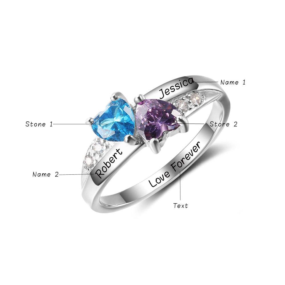 Personalized 925 Sterling Silver Rings, Customized Double Heart Birthstone & Engrave Name Options, Great Gift for Women - Personalized Jewel