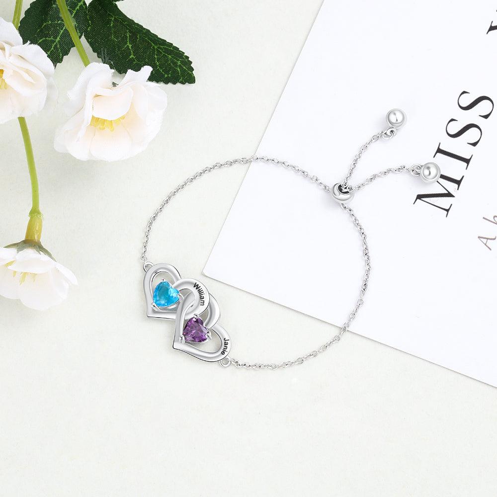 Personalized Adjustable Chain Bracelet with Customized 2 Names Engraved & Heart Birthstone, Bracelet for Couples - Personalized Jewel