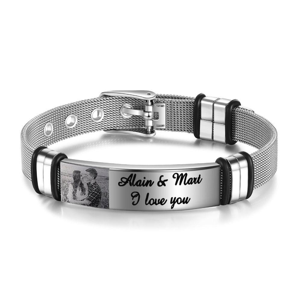 Personalized Adjustable Silver Stainless Steel Name Bracelet - 1 Custom Photo Phrase Date - Personalized Jewel