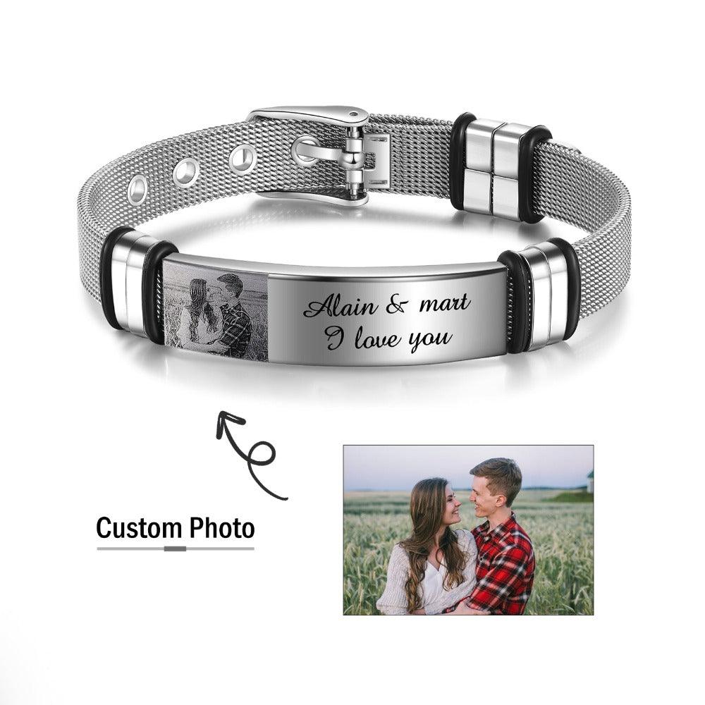 Personalized Adjustable Silver Stainless Steel Name Bracelet - 1 Custom Photo Phrase Date - Personalized Jewel