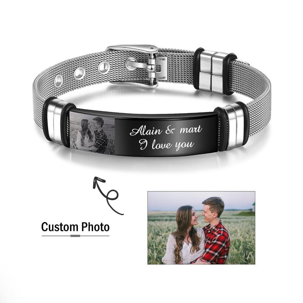 Personalized Adjustable Stainless Steel Name Bracelet - 1 Custom Photo Phrase Date - Personalized Jewel