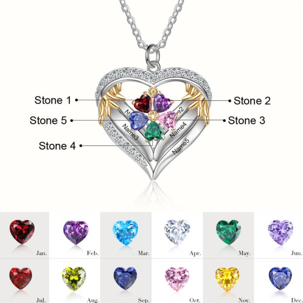 Personalized Angel´s Heart Silver Pendant Necklace - Five Custom Names & Birthstones - Personalized Jewel