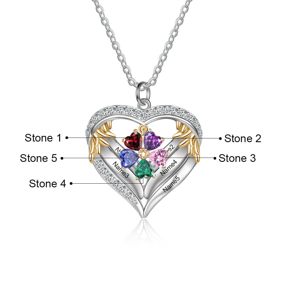 Personalized Angel´s Heart Silver Pendant Necklace - Five Custom Names & Birthstones - Personalized Jewel