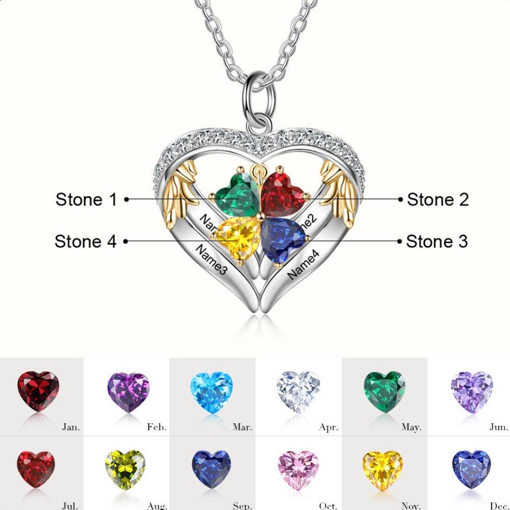 Personalized Angel´s Heart Silver Pendant Necklace - Four Custom Names & Birthstones - Personalized Jewel