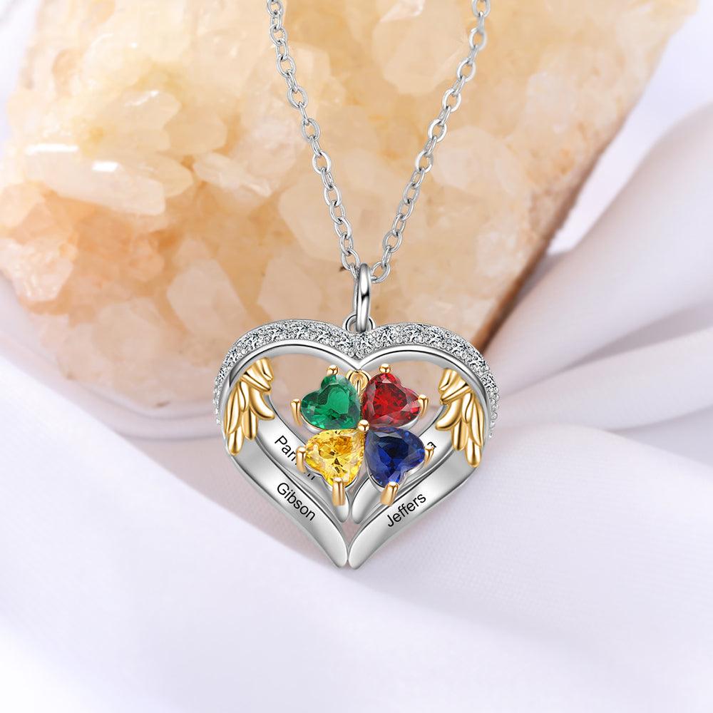 Personalized Angel´s Heart Silver Pendant Necklace - Four Custom Names & Birthstones - Personalized Jewel