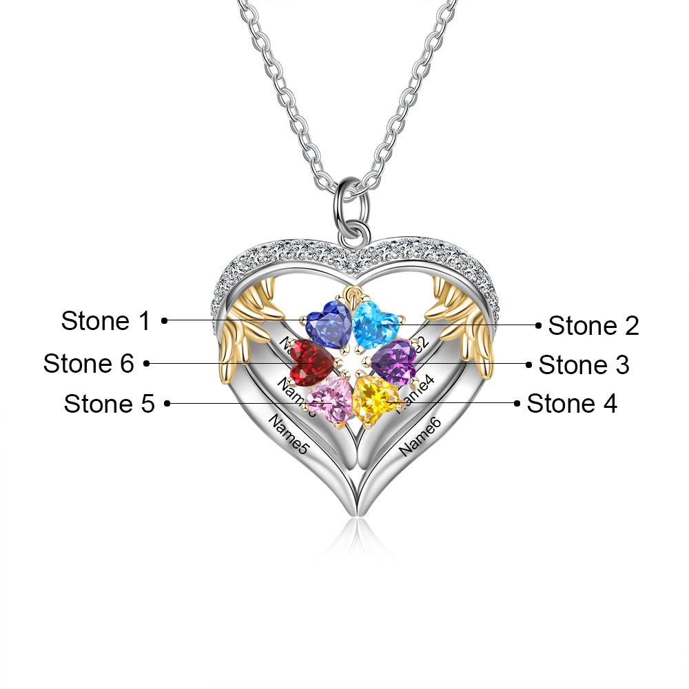 Personalized Angel´s Heart Silver Pendant Necklace - Six Custom Names & Birthstones - Personalized Jewel