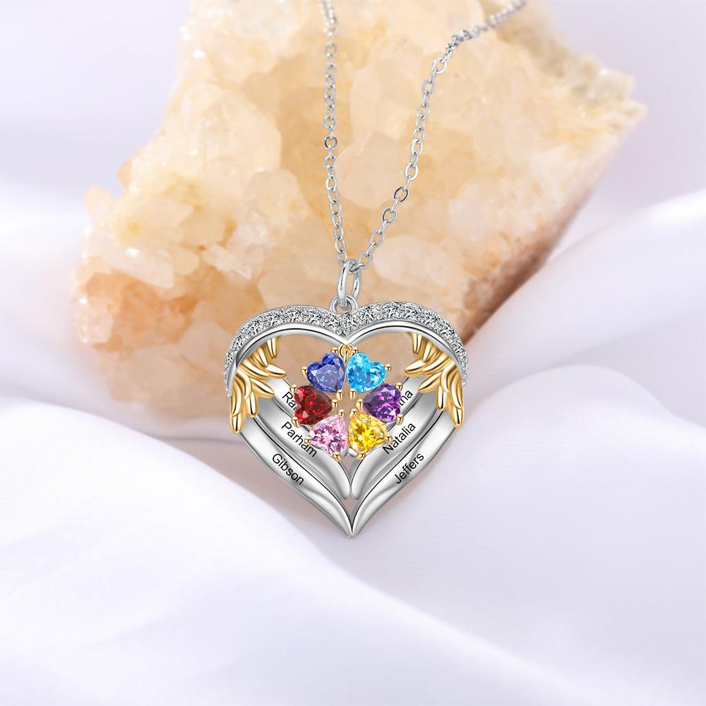 Personalized Angel´s Heart Silver Pendant Necklace - Six Custom Names & Birthstones - Personalized Jewel
