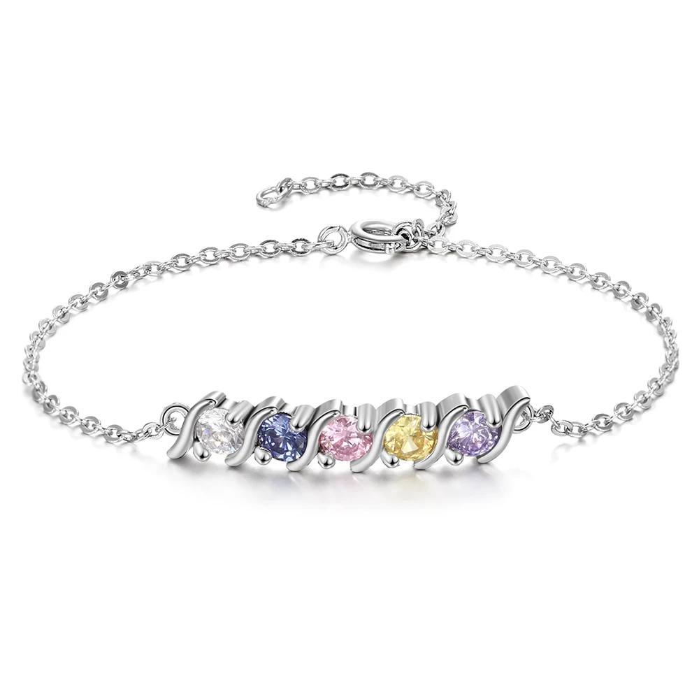 Personalized Chain Bracelet with 5 Customized Zirconia Birthstones, DIY Bangles for Women - Personalized Jewel