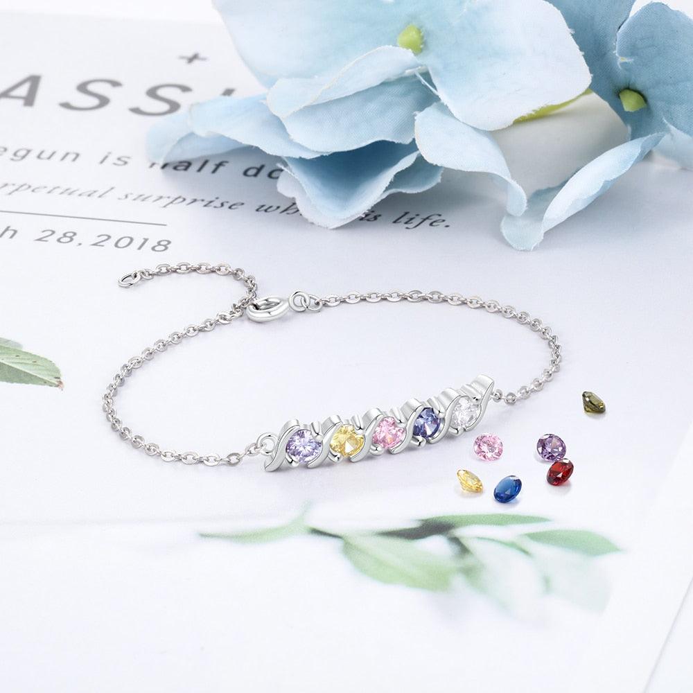 Personalized Chain Bracelet with 5 Customized Zirconia Birthstones, DIY Bangles for Women - Personalized Jewel