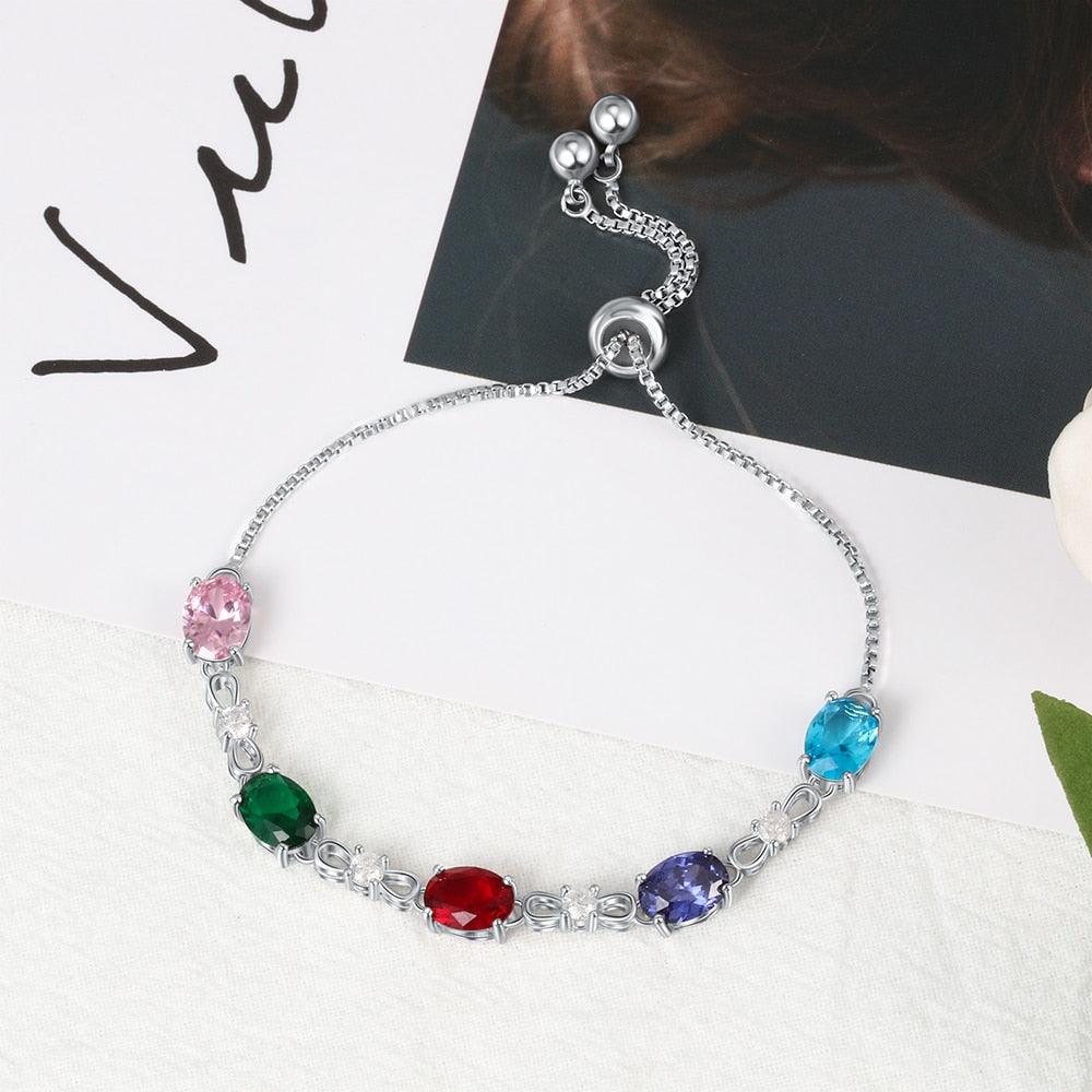 Personalized Chain Bracelets with 5 Oval Customized Birthstones & Zirconia Jewelry Bracelets for Women - Personalized Jewel