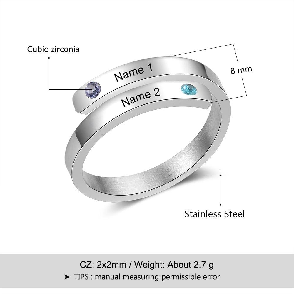 Personalized Couple Wrap Ring - Two Custom Names - Two Custom Birthstone - Engraved Rings - Personalized Jewel