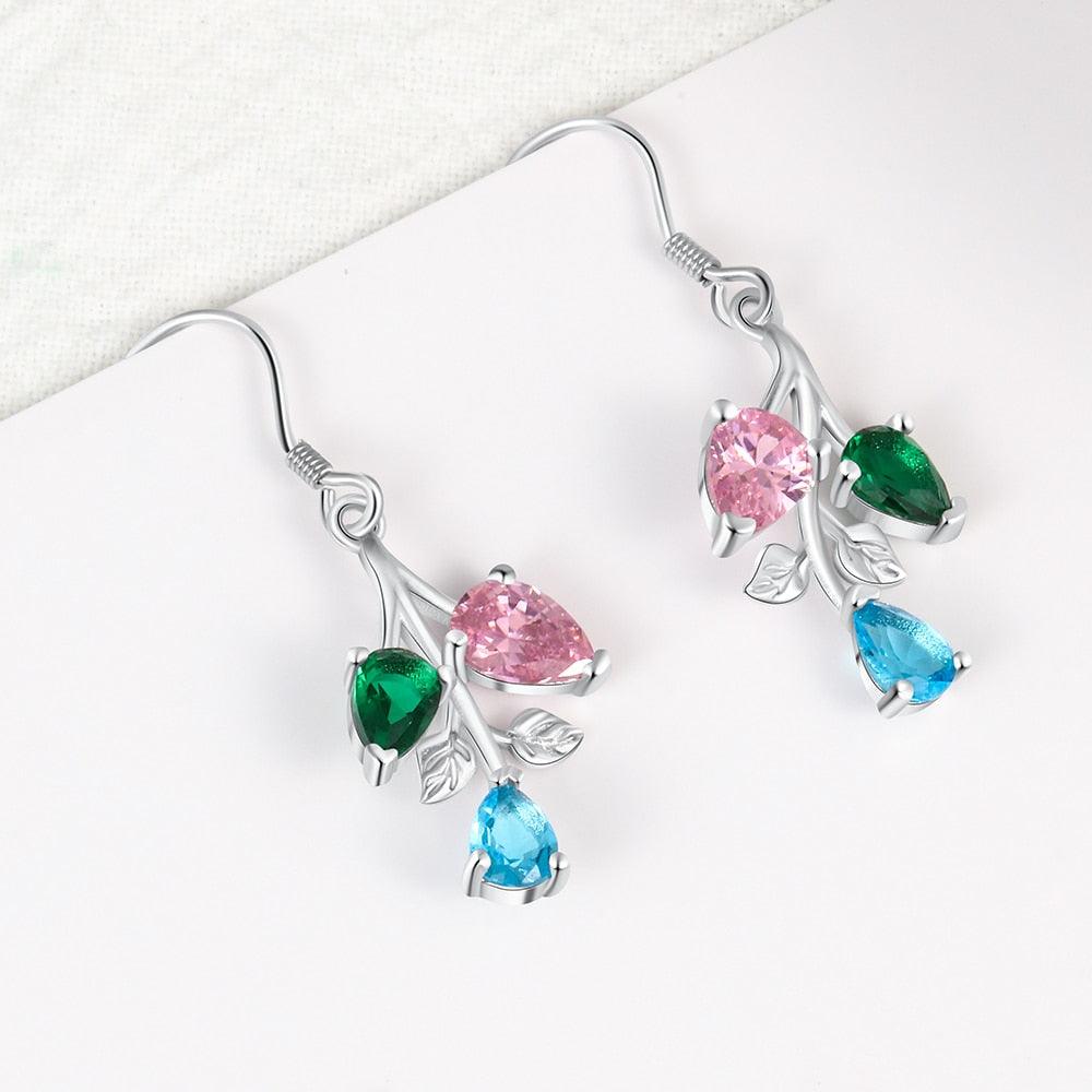 Personalized Drop Branch Leaf Dangle Earrings with Customized 3 Birthstones, Gift Earrings for Women - Personalized Jewel
