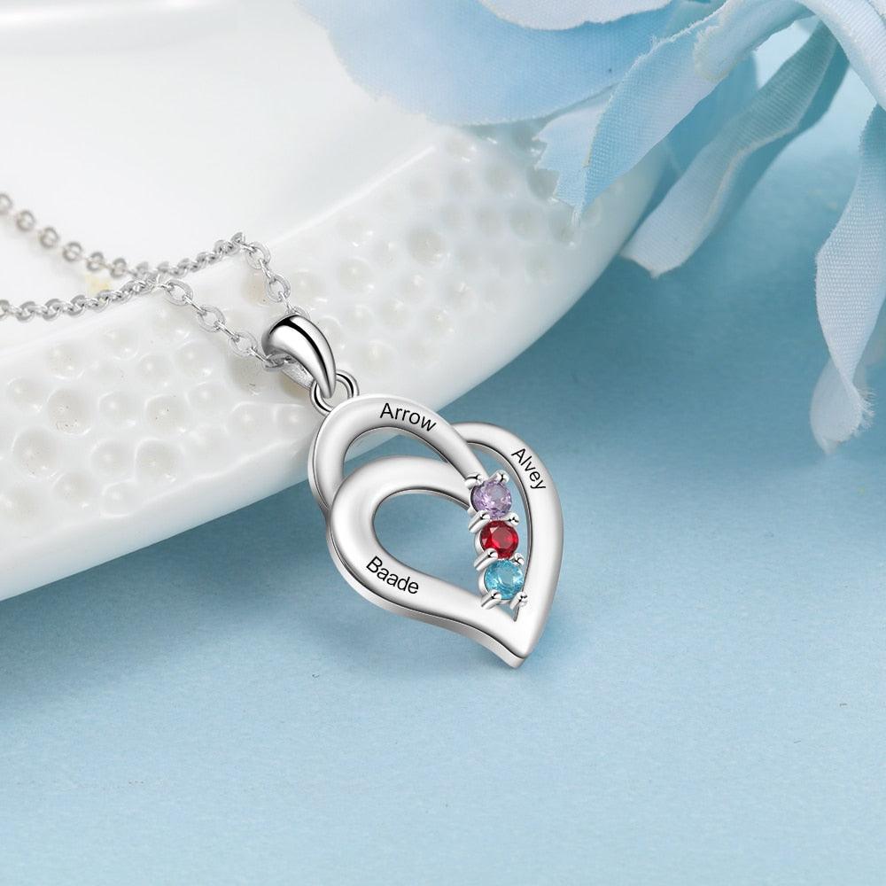 Personalized Engravable Name Heart Pendant Necklace with 3 Birthstones Gifts for Mom - Personalized Jewel