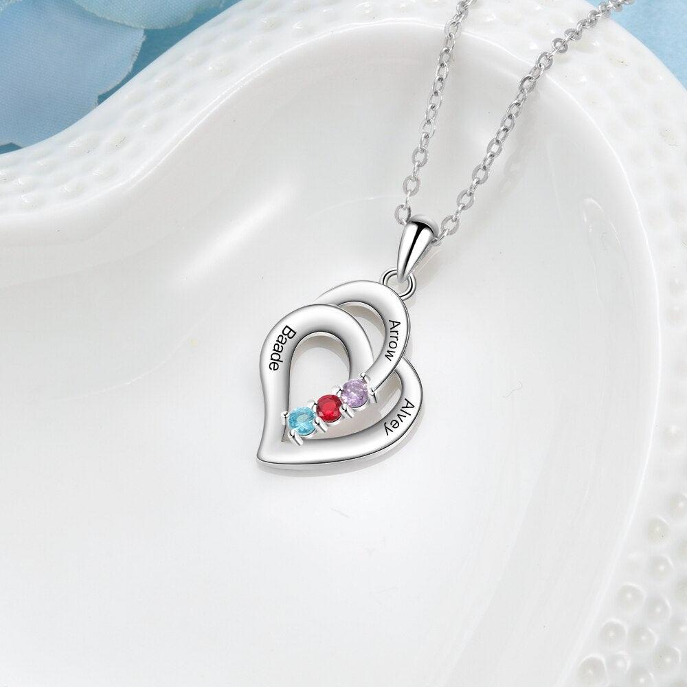 Personalized Engravable Name Heart Pendant Necklace with 3 Birthstones Gifts for Mom - Personalized Jewel