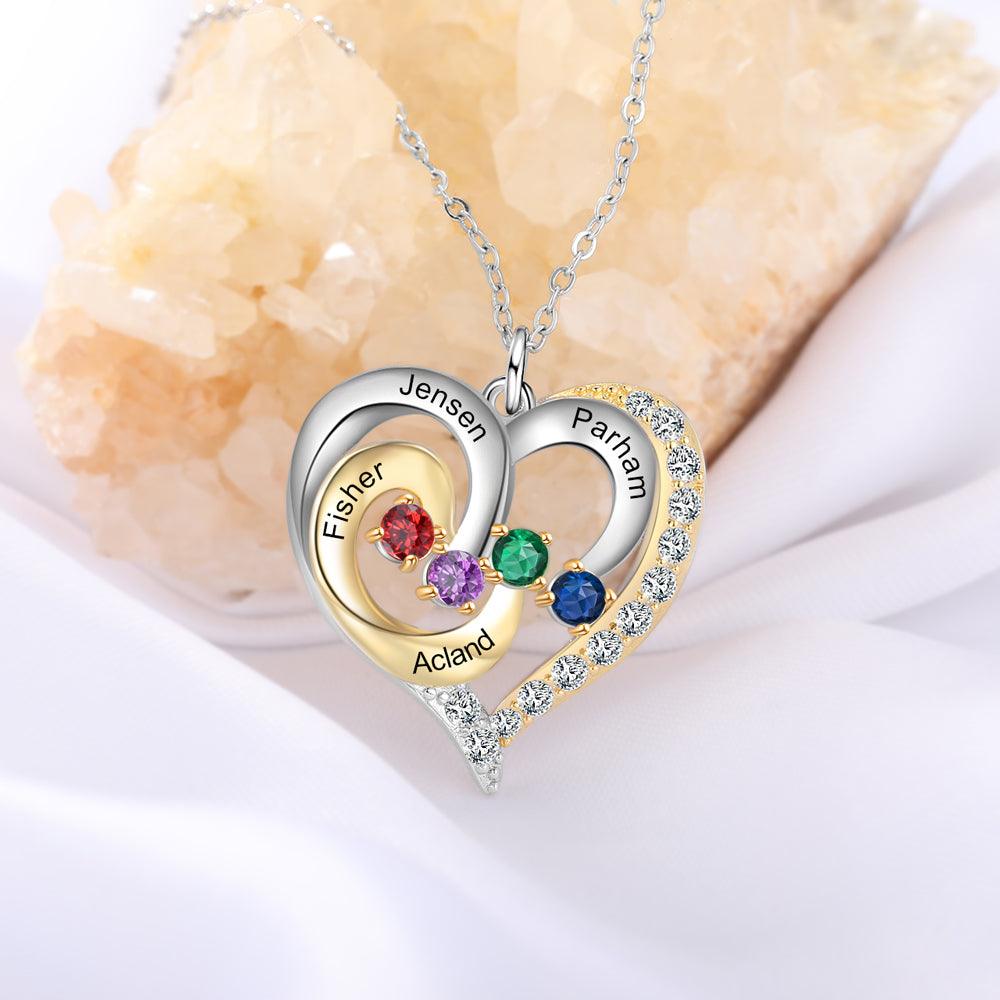 Personalized Golden Silver Pendant Necklace Four Custom Names And Birthstones - Personalized Jewel