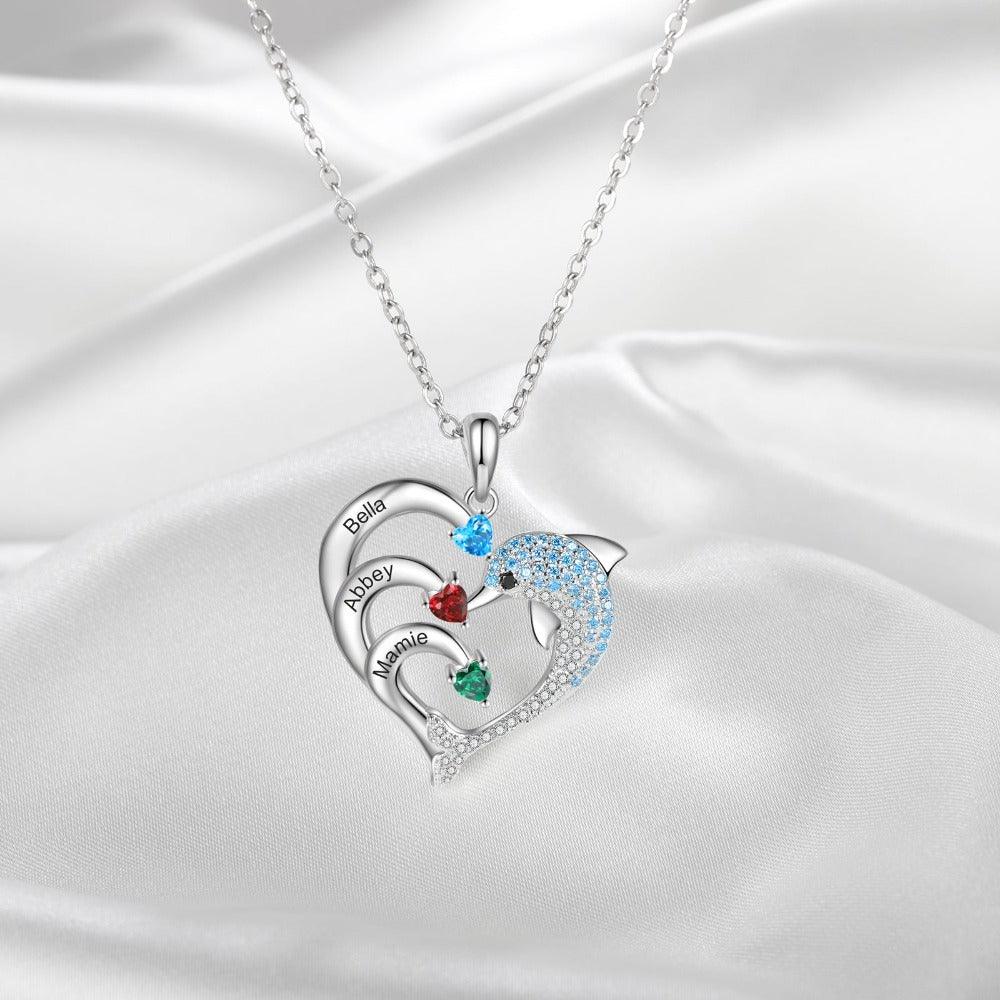 Personalized Heart Dolphin Silver Pendant Necklace - Three Custom Names & Birthstones - Personalized Jewel