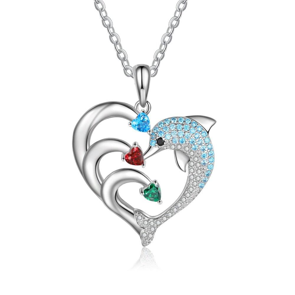 Personalized Heart Dolphin Silver Pendant Necklace - Three Custom Names & Birthstones - Personalized Jewel