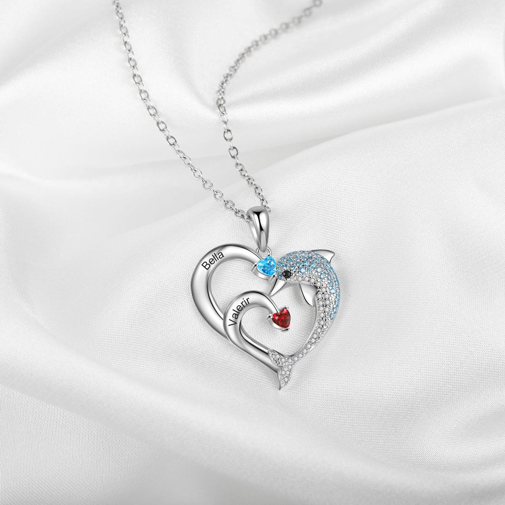 Personalized Heart Dolphin Silver Pendant Necklace - Two Custom Names & Birthstones - Personalized Jewel