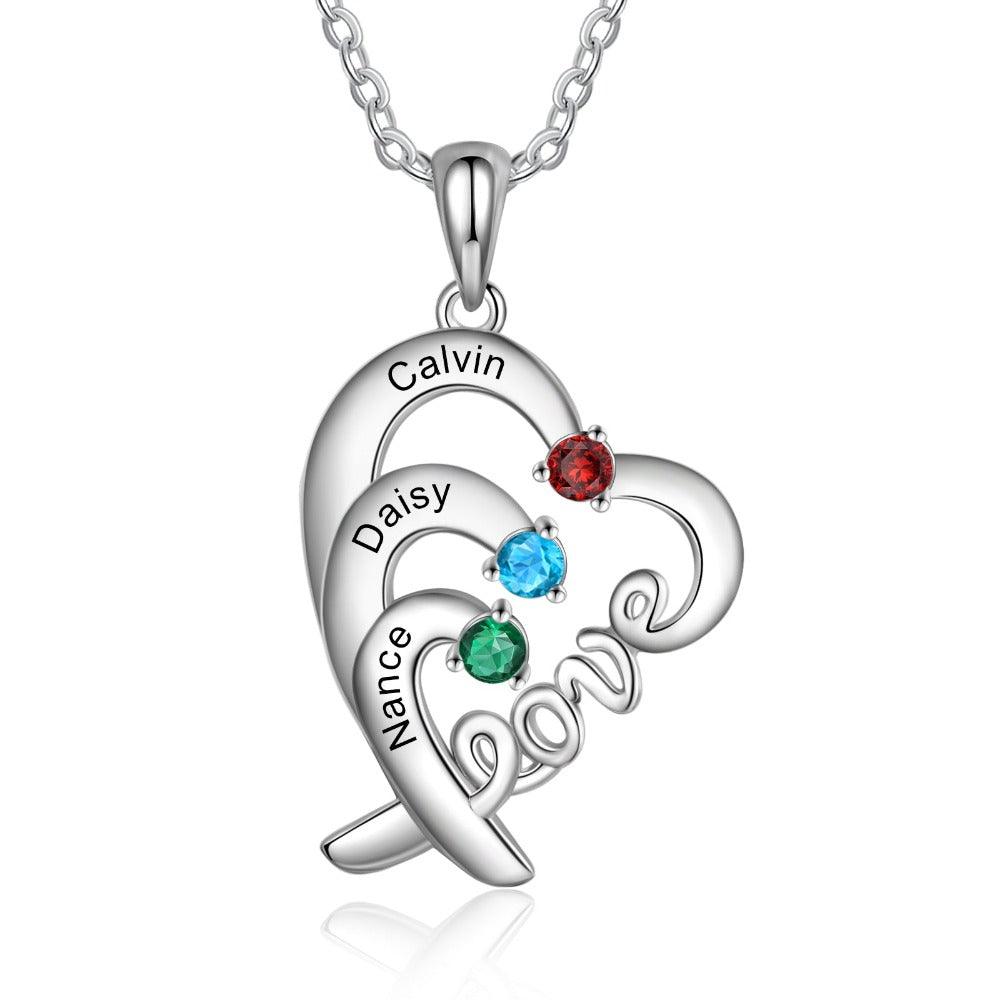 Personalized Heart Love Silver Pendant Necklace - Three Custom Names & Birthstones - Personalized Jewel